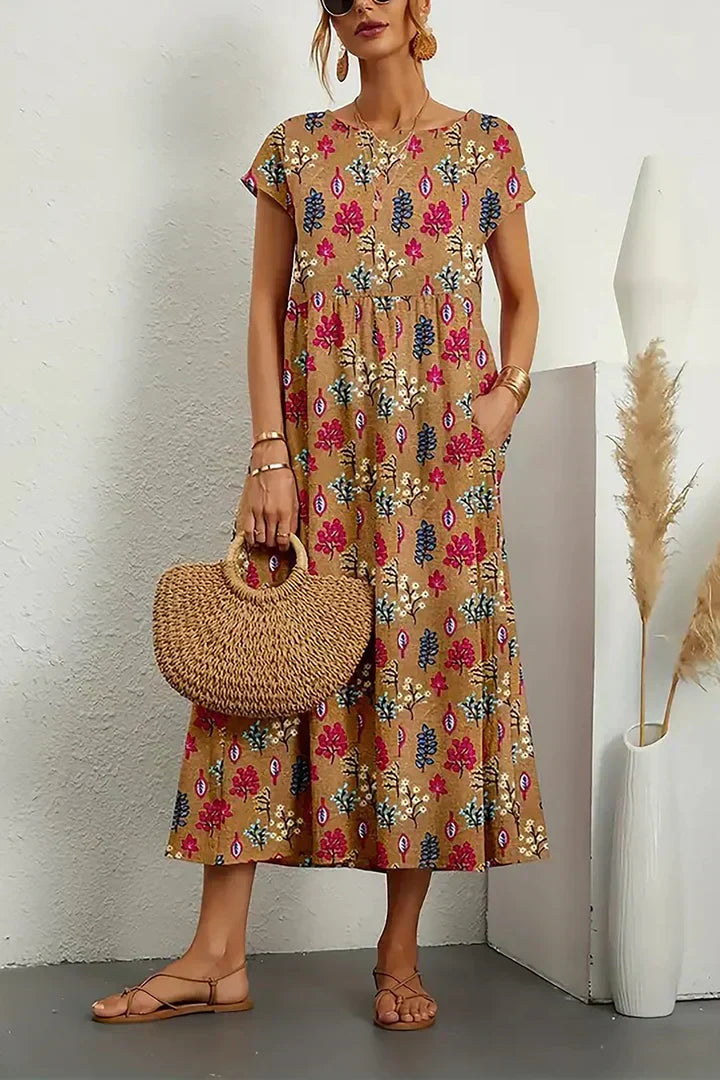 Midi sommerkjole med blomsterprint for kvinner, løs og komfortabel passform, perfekt for sommeren.