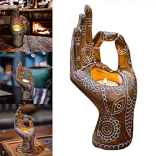 Fredfull Buddha håndlysestake for meditasjon. Skulpturell hjemmedekor som utstråler zen og harmoni.