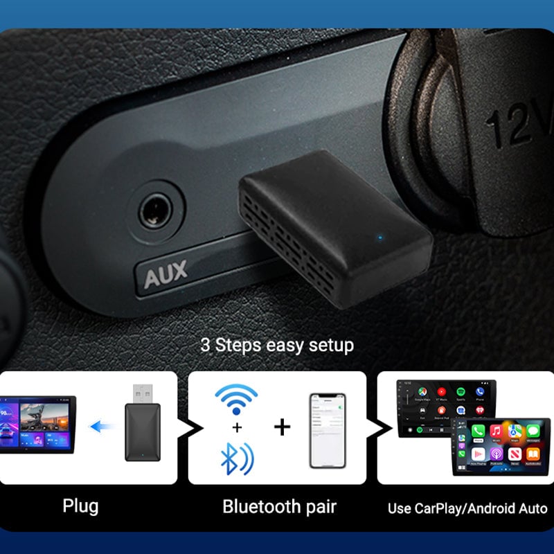 Kompakt USB-dongle som gir trådløs CarPlay og Android Auto funksjonalitet i bilen.