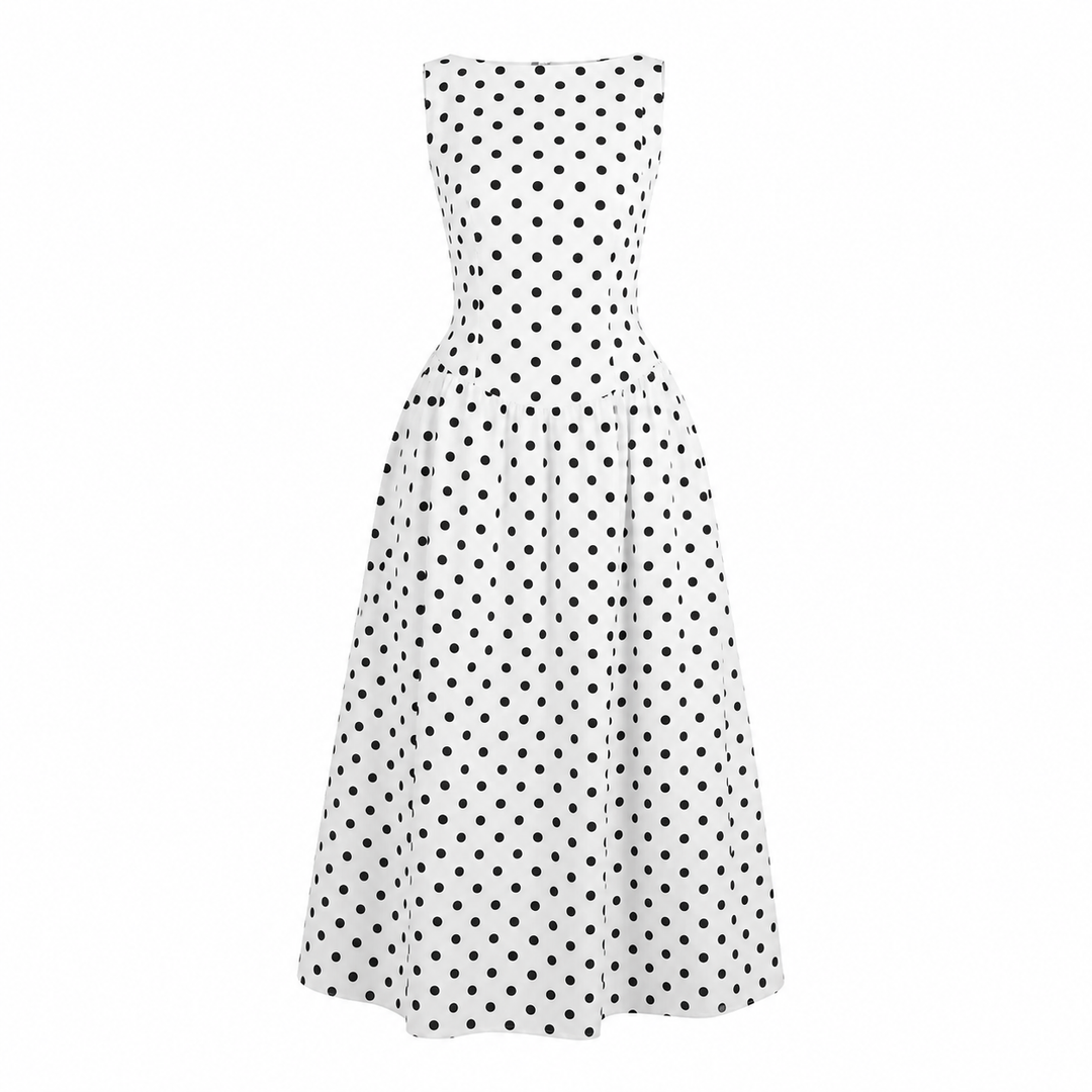 Vintage-inspirert prikkete dame maxikjole. Ermeløs design med høyt liv, ideell som sommer- eller festkjole.