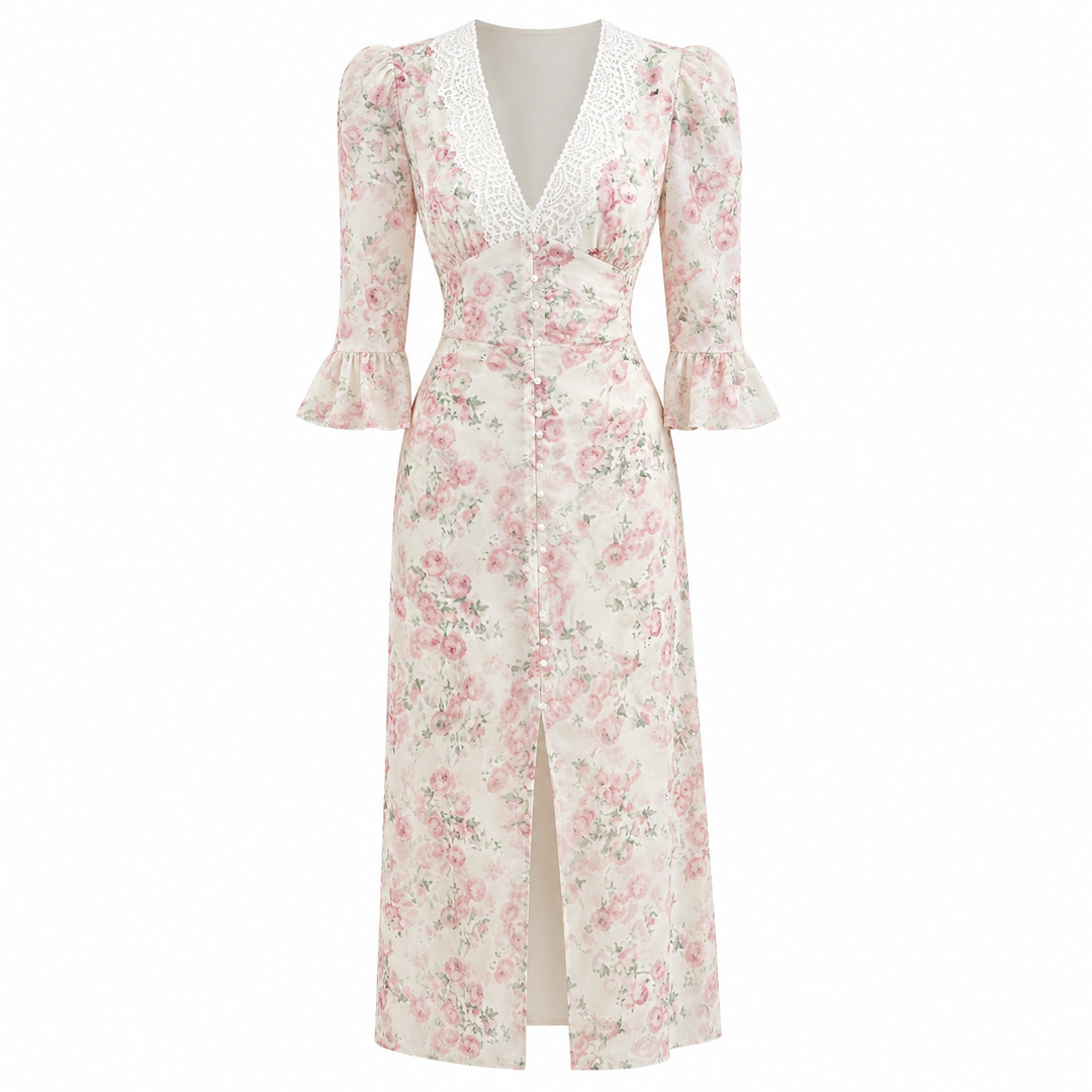 Lett og feminin rosa blomstret damekjole i chiffon. V-hals, elegante blonder og sjarmerende volangermer.