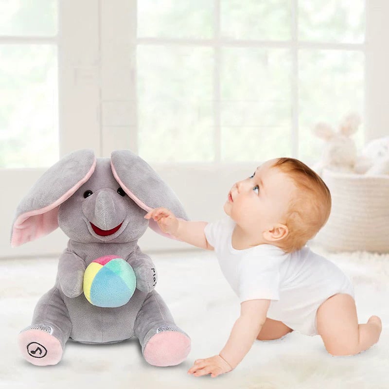 Myk Barnas PeekPal elefant kosedyr leke, interaktiv og musikalsk for babyer og små barn.