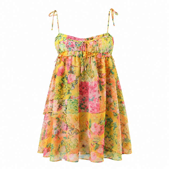 Elegant blomstret dame minikjole. Knytekjole med korsett-detaljer, ideell som sommerkjole og festkjole.