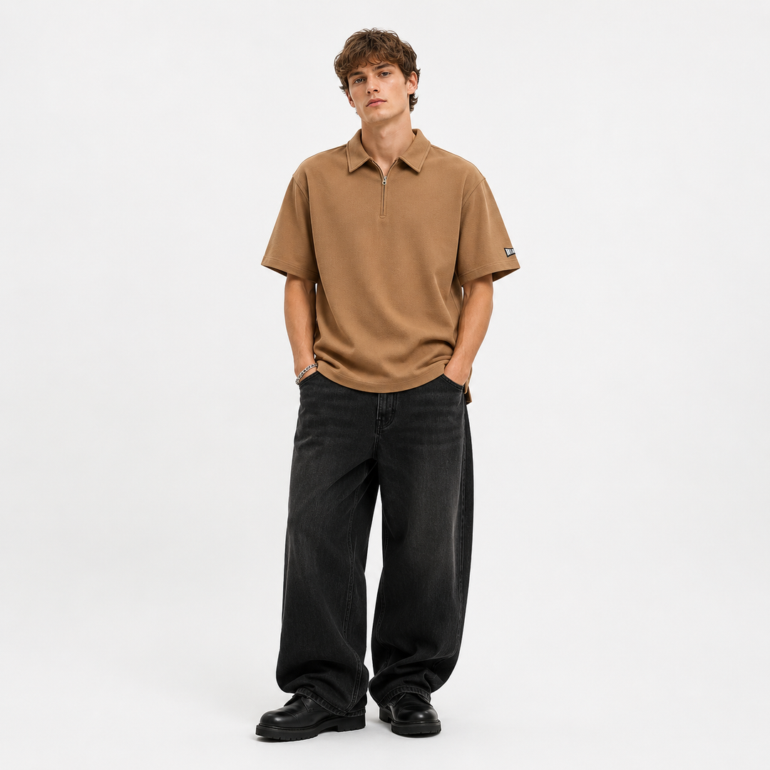 Khaki herre vintage vaffel polo, front. Stilfull half-zip topp for en casual og tidløs sommermote.