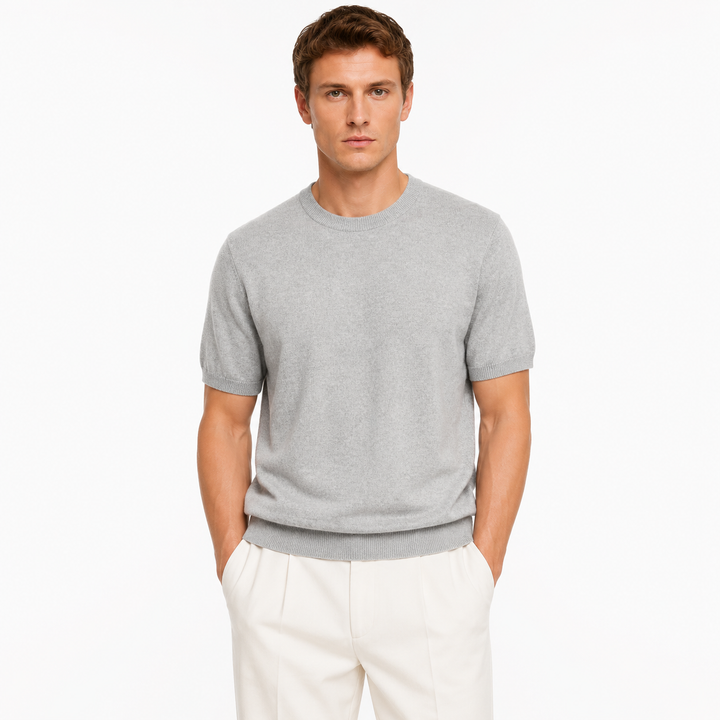 Strikket herre T-skjorte, ullblanding for komfort, rund hals, flott for en business casual garderobe.