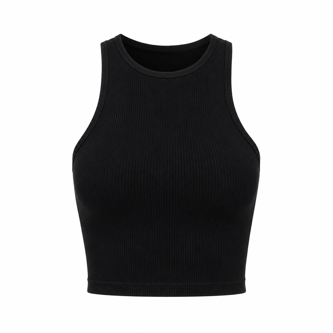 Svart ermeløs crop topp for dame. Stilren basic topp med rund hals, perfekt som treningstopp.