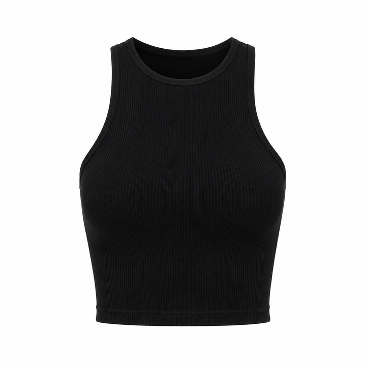 Svart ermeløs crop topp for dame. Stilren basic topp med rund hals, perfekt som treningstopp.