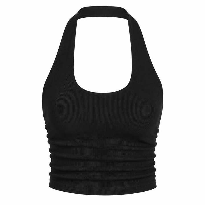 Svart elegant halter crop topp dame. Trendy ryggløs sommertopp for streetwear og ferie.