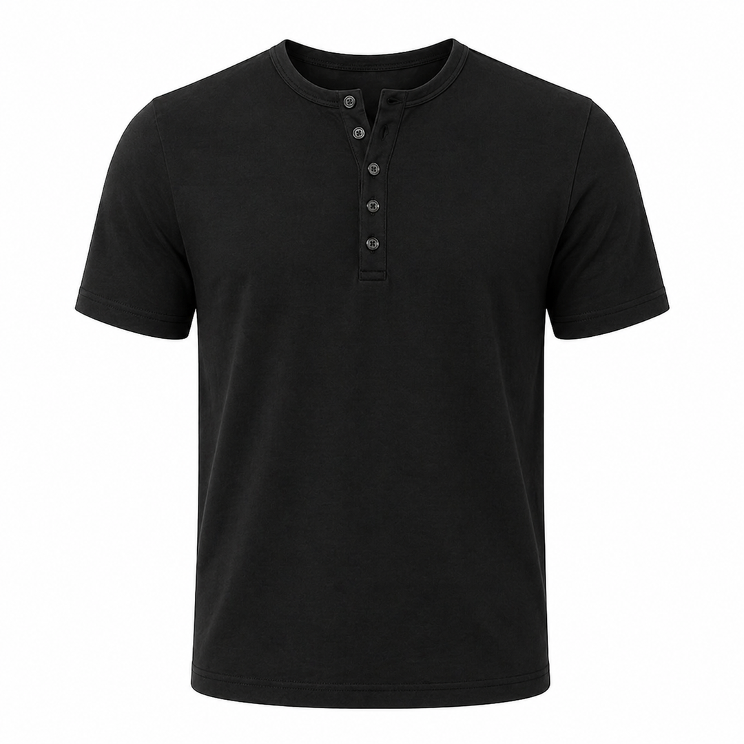 Komfortabel Henley t-skjorte for herre. Slim fit design med knapper, egnet for fritid og hverdag.