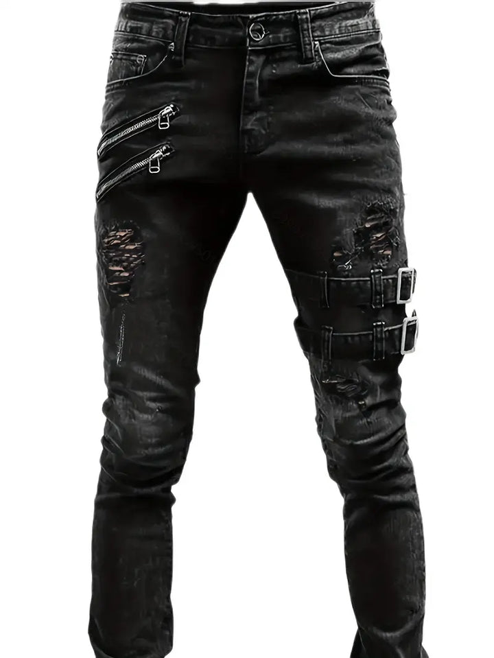 Tøffe herre bikerjeans med vatterte detaljer, moderne passform. Perfekt for urban stil og fritid.