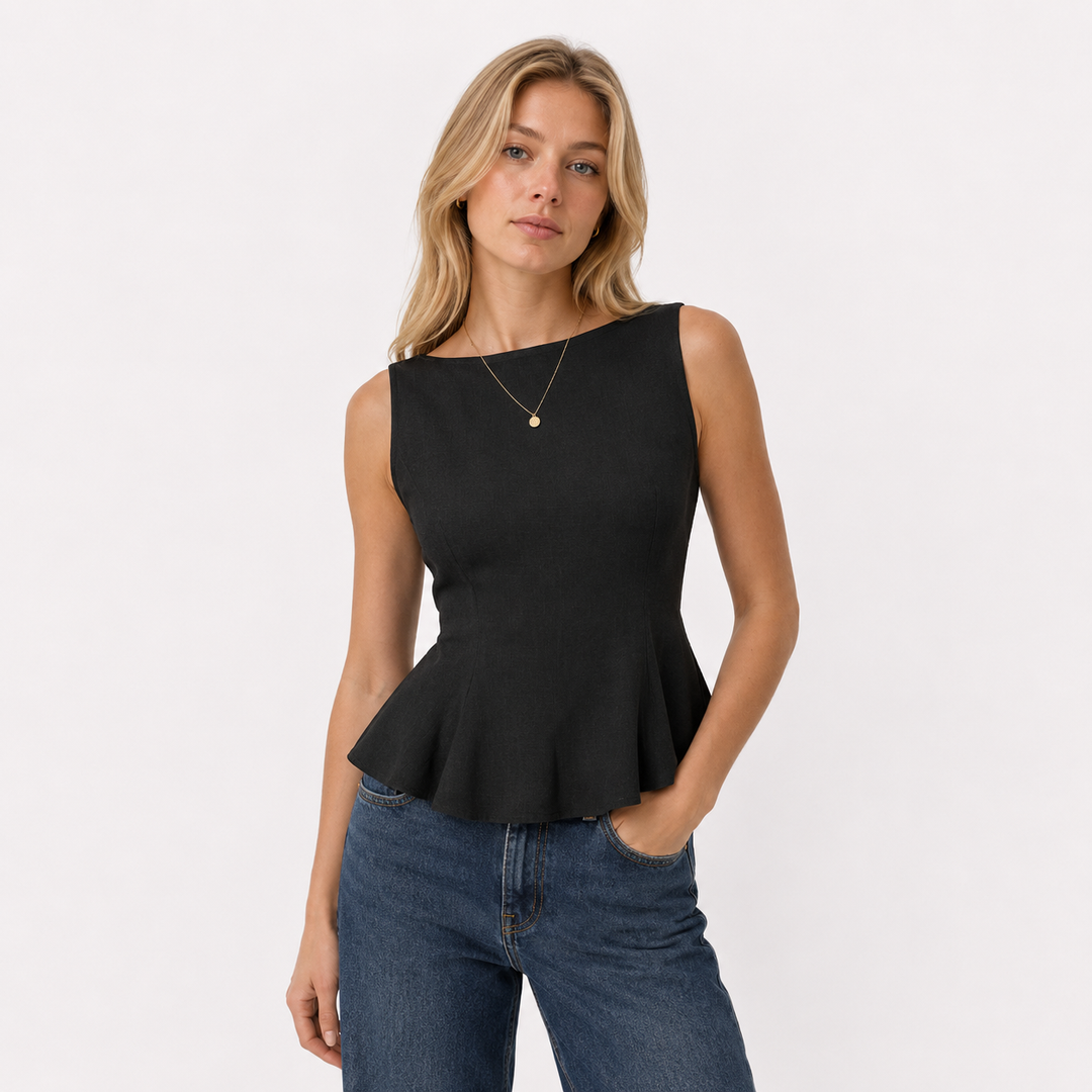 Elegant dame tanktopp i sort med ryggløs design og dekorative knytebånd. Perfekt festtopp for sommeren.