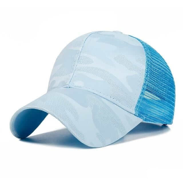 Blå unisex hestehale baseballcaps, ideell for utendørs sport. Gir god solbeskyttelse og komfort.