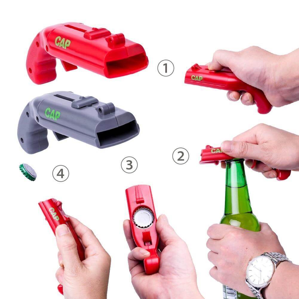 Festutstyr, flaskeåpner, korkpistol, gadget, moro, kjøkkenutstyr – i grå og rød design.