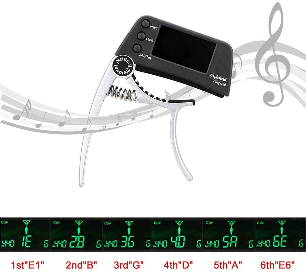 Høy kvalitet gitar capo med klar digital tuner skjerm for optimal stemming av strengeinstrumenter.