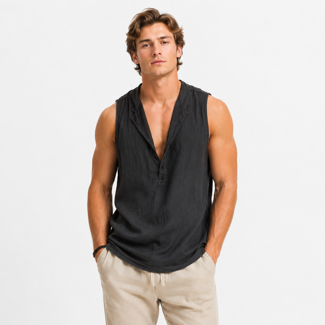 Herre retro ermeløs topp med løs passform, ideell for sommer. Casual og komfortabel herrevest.
