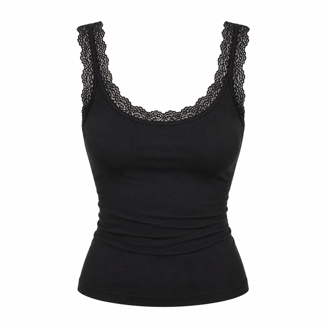 Feminin ermeløs cami dametopp med stilrene blondedetaljer, et elegant basisplagg.