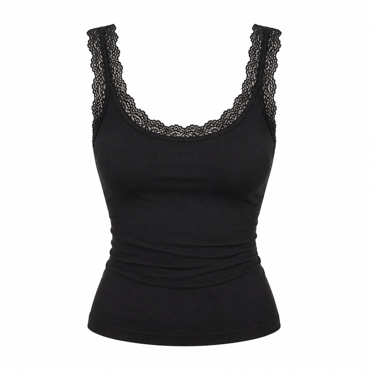 Feminin ermeløs cami dametopp med stilrene blondedetaljer, et elegant basisplagg.