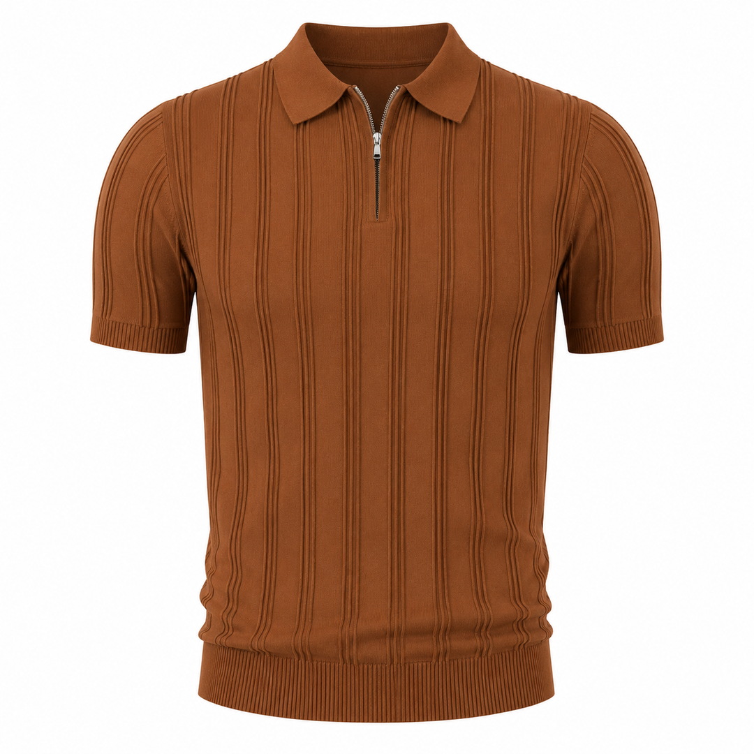 Nærbilde av krage og glidelås på denne unike vintage jacquard strikket herre polo toppen.