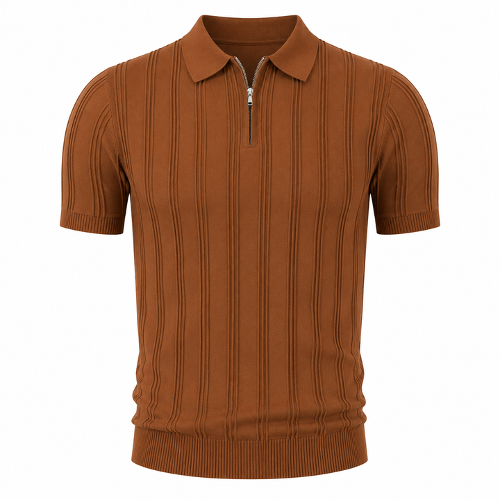 Nærbilde av krage og glidelås på denne unike vintage jacquard strikket herre polo toppen.