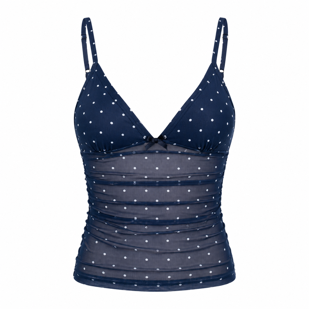Figurnær prikkete camisole for dame, med V-hals. Elegant sommer topp med meshdetaljer for hverdag.