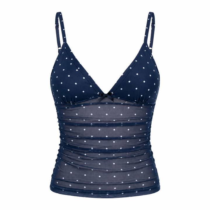 Figurnær prikkete camisole for dame, med V-hals. Elegant sommer topp med meshdetaljer for hverdag.