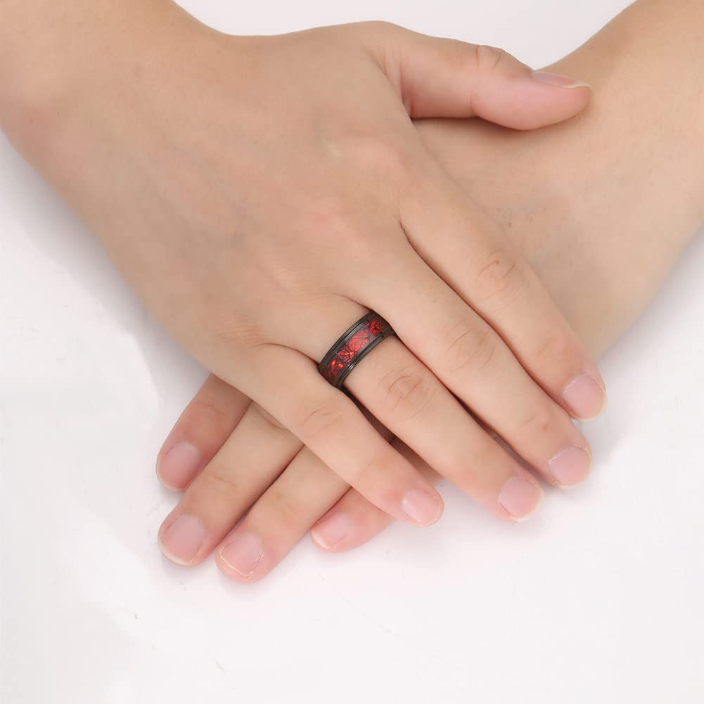 Herre wolframkarbid ring, keltisk drage motiv, blå karbonfiber aksent.