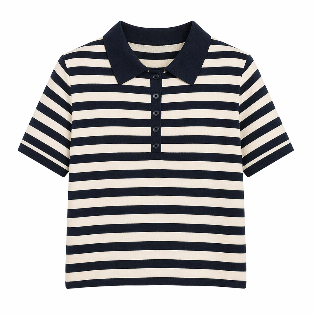 Stilren dame stripet polo t-skjorte i 100% bomull. Tidløs design for et klassisk og elegant uttrykk.