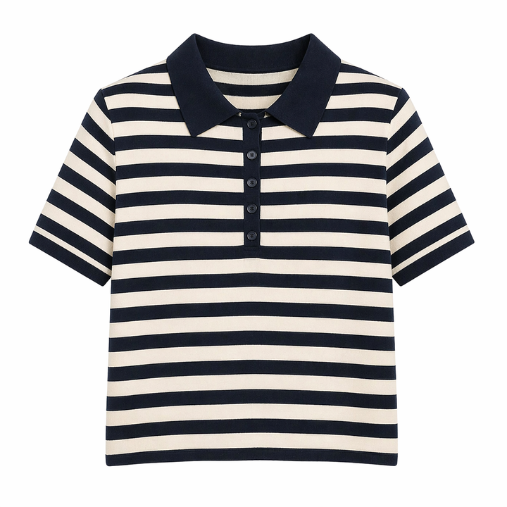 Stilren dame stripet polo t-skjorte i 100% bomull. Tidløs design for et klassisk og elegant uttrykk.