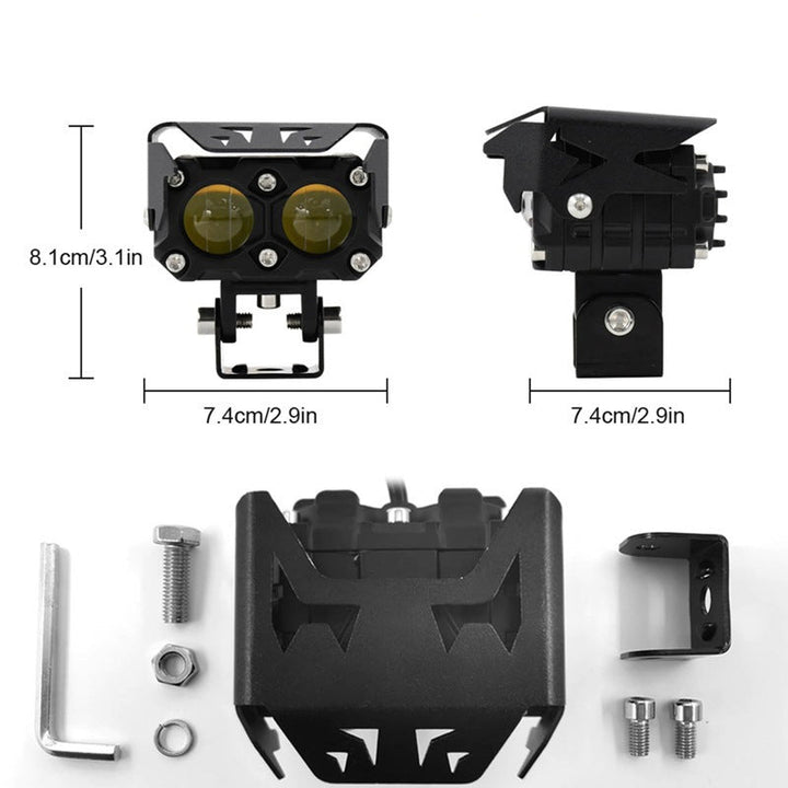 Svart LED tåkelys for motorsykkel, robust design og høy lyseffekt.