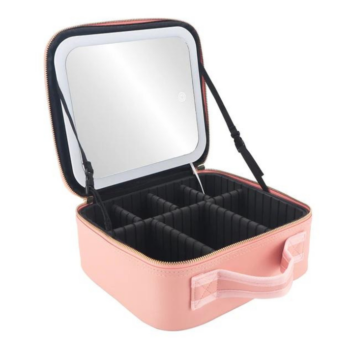 Bærbar LED kosmetikkveske med justerbart sminkespeil, perfekt for makeup oppbevaring og reise for kvinner.