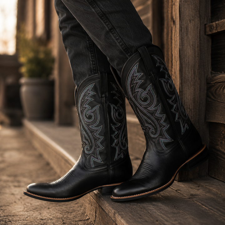 Slitesterke menns cowboystøvler, ideelle for eventyr og daglig bruk, med klassisk western-design.