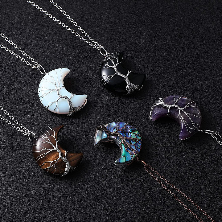 Personlig unisex smykke: Livets Tre, halvmåne, krystall. Halskjede for healing, chakra & spirituell vekst.