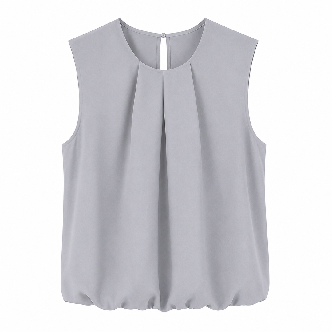 Versatil damebluse i asymmetrisk plissert design. Ermeløs sommertopp for en elegant look på fest eller jobb.