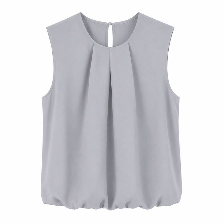 Versatil damebluse i asymmetrisk plissert design. Ermeløs sommertopp for en elegant look på fest eller jobb.