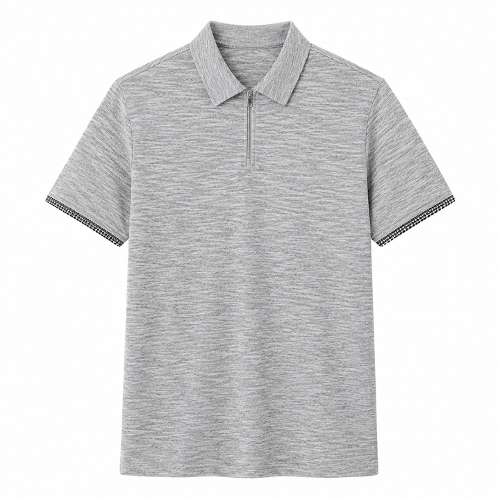 Elegant herrepolo med halv glidelås og subtile rutete detaljer. En allsidig og pustende sommerskjorte.