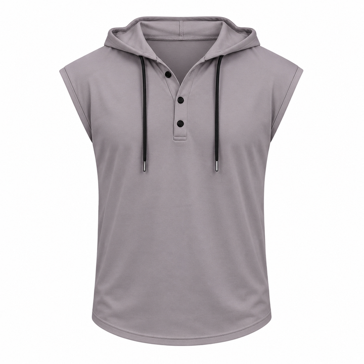Motebevisst herre ermeløs vest med hette, allsidig for både sport og en moderne fritidslook.