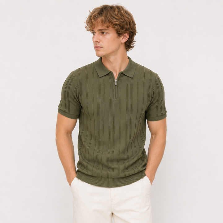 Herre strikket polo med glidelås. Vintage jacquard topp for en elegant smart casual look.