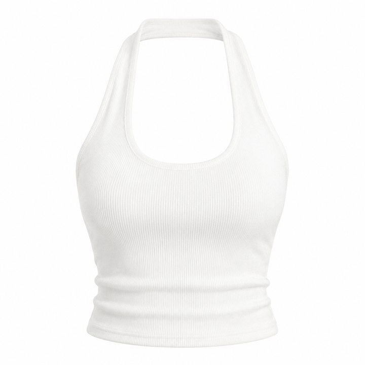 Behagelig ryggløs halter crop topp for dame. Ideell trendy sommertopp for ferie og varme dager.