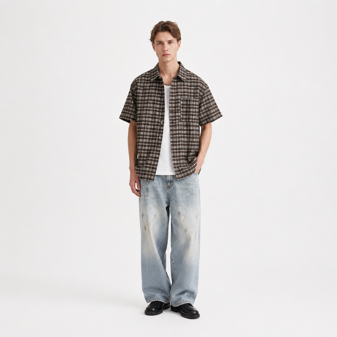 Rutete lyocell herreskjorte i japansk stil, løs passform for sommeren. Perfekt casual sommerskjorte.