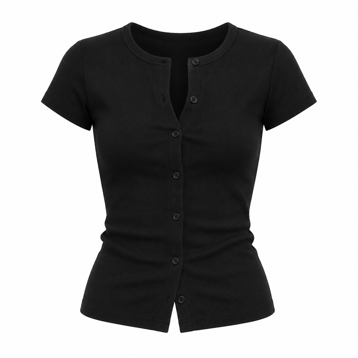 Dame kortermet t-skjorte med rund hals og slim fit design. Ideell for hverdagskomfort og en elegant silhuett.