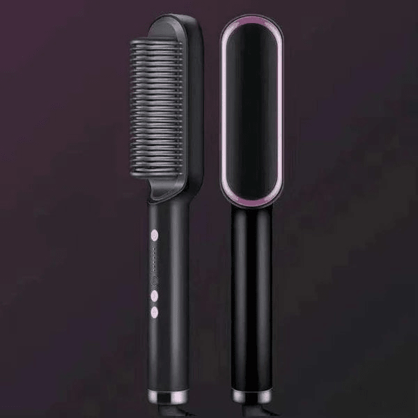 Mann bruker unisex hårbørste og rettetang til å rette skjegg og style kort hår, gir glatt, velstelt look.