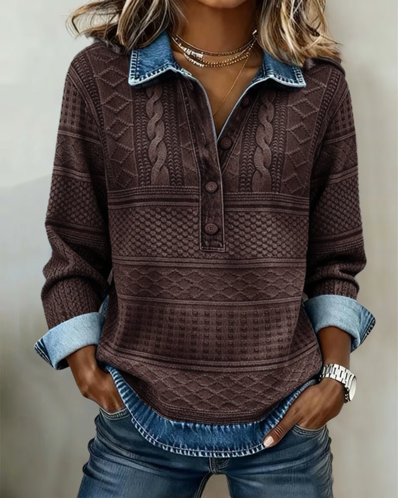 Langermet kabelstrikket sweatshirt for kvinner, med trendy denimkrage og halvknappdetalj.