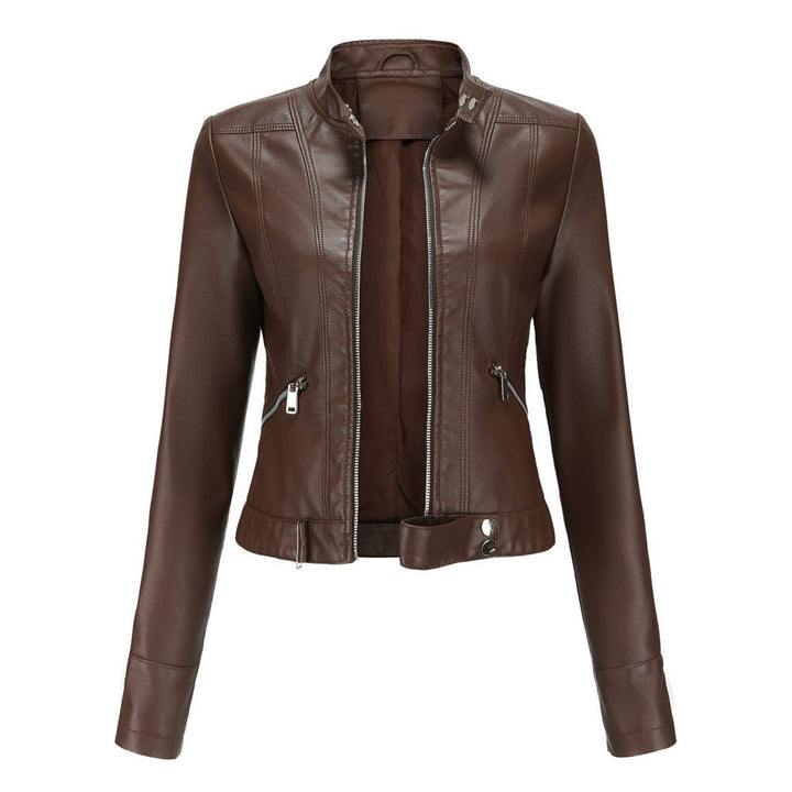 Trendy cropped jakke for dame i mykt kunstskinn, klassisk biker-stil med glidelåser og krage.