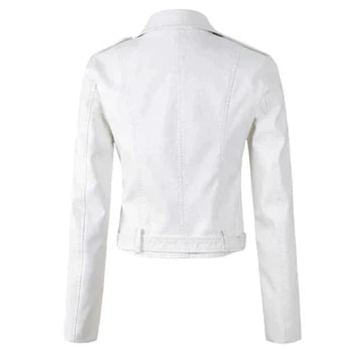 Trendy cropped biker jakke for kvinner i kunstskinn, ideell som vår- og høstjakke.
