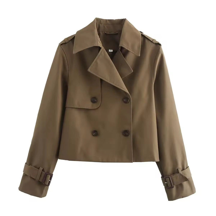Beige kort trenchcoat dame, elegant dobbeltspent jakke med belte og krage, stilig vår- og høstjakke.