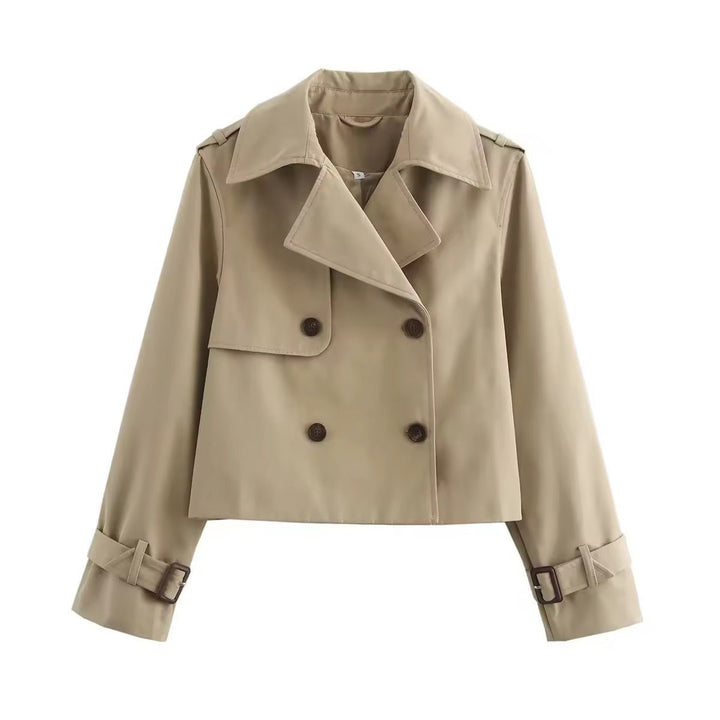 Stilig kort damejakke; dobbeltspent trenchcoat med belte, perfekt som et trendy ytterplagg.