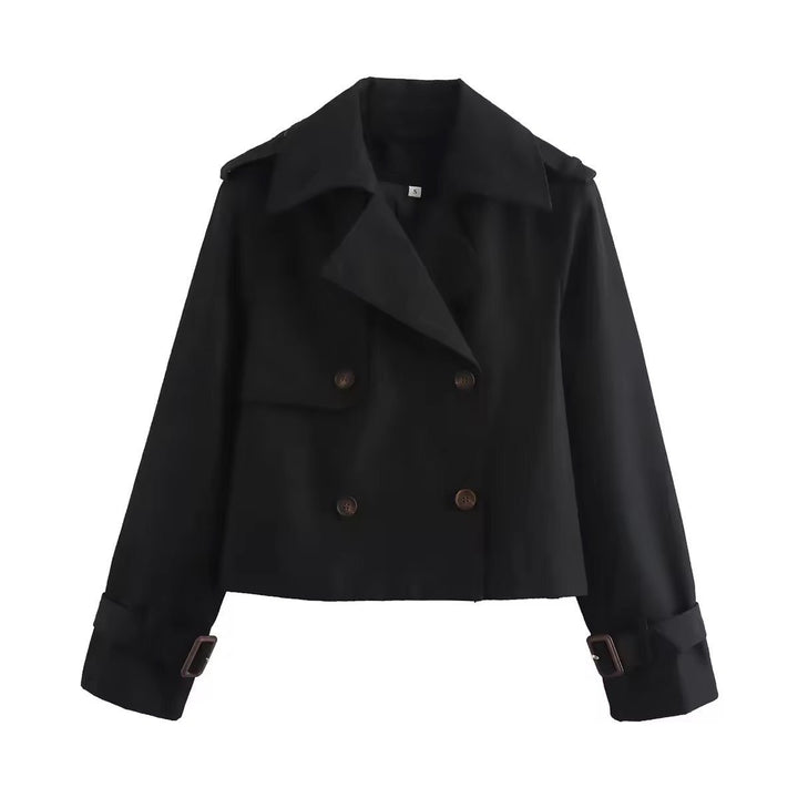 Dame kort trenchcoat i ulike farger som beige, svart, grå. Elegant dobbeltspent ytterplagg med belte.