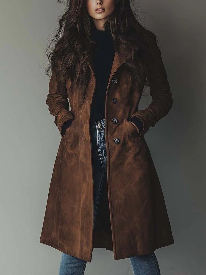 Tidløs lang trenchcoat til dame, dobbelspent med belte, sofistikert og moteriktig vårjakke.