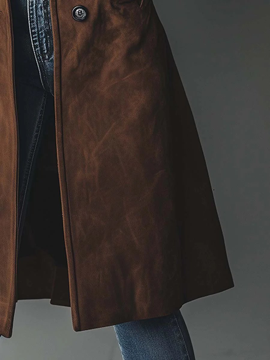 Detalj av lang dame trenchcoat: Dobbelspent lukking og belte, klassisk og funksjonelt ytterplagg.