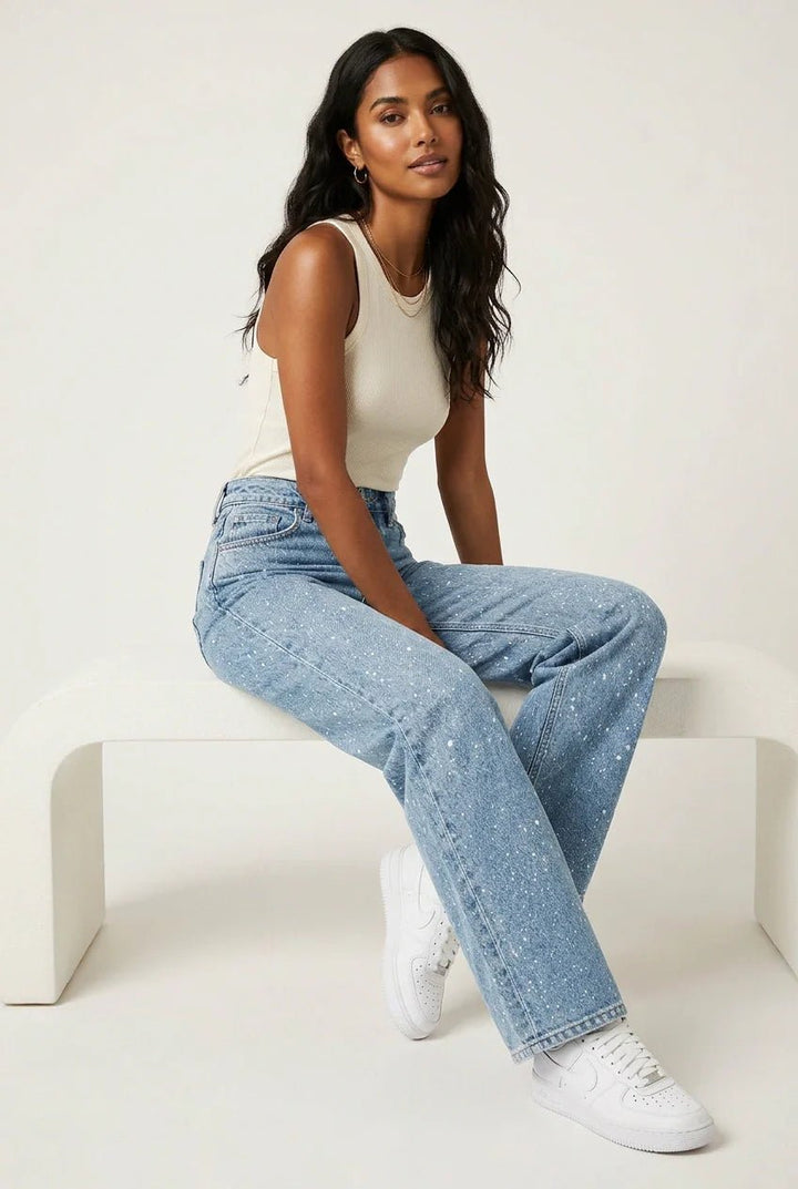 Stilige glitrende jeans for kvinner, med moderne høy midje og rette ben.